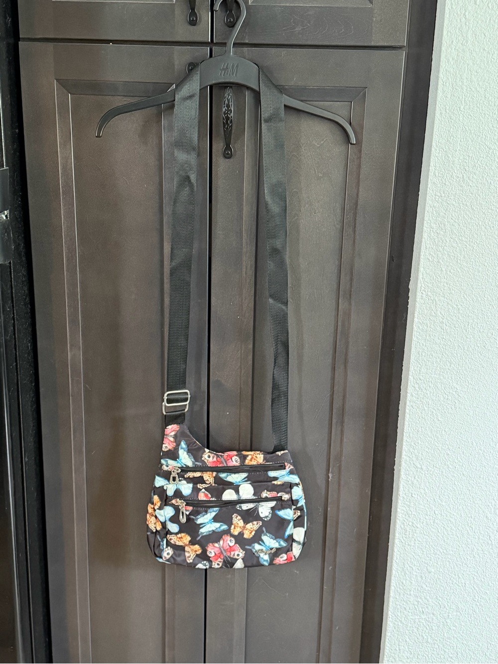 Butterfly Print Crossbody Bag in Black - Unbranded